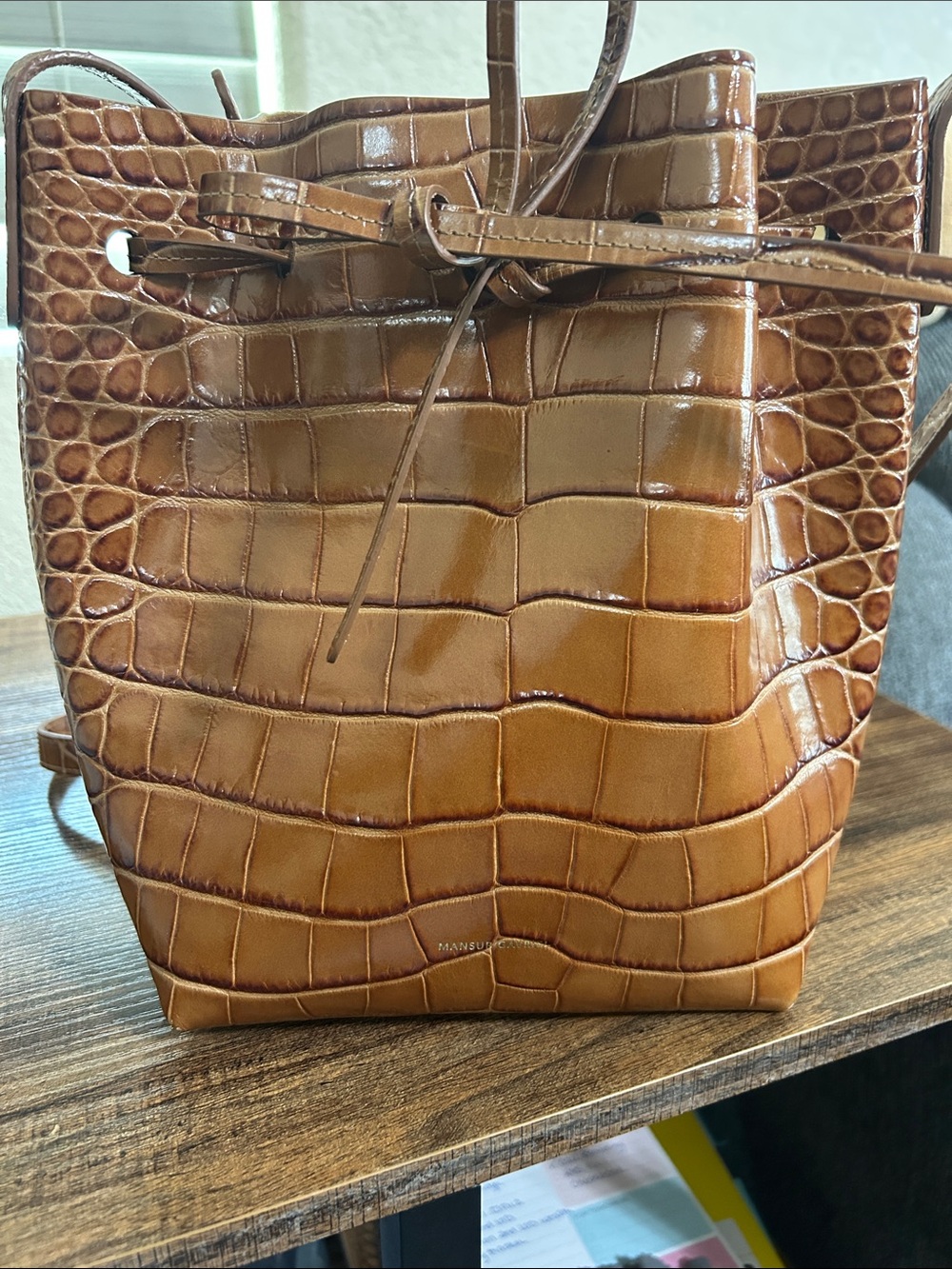 Mansur Gavriel Brown Croc-Embossed Leather Drawstring Bucket Bag
